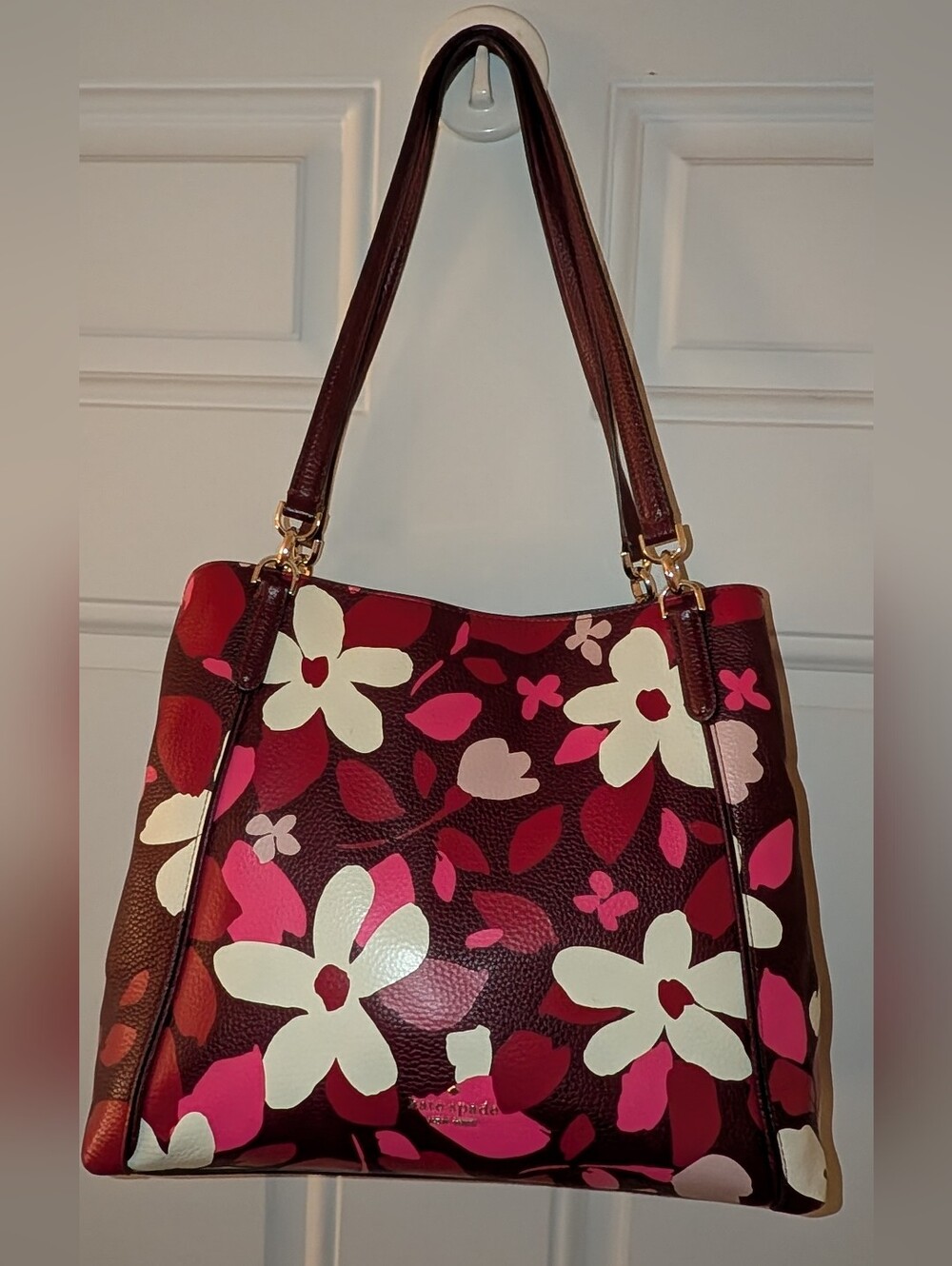 Kate Spade Jackson Forest Floral Triple Compartment Shoulder Red Multi GUC